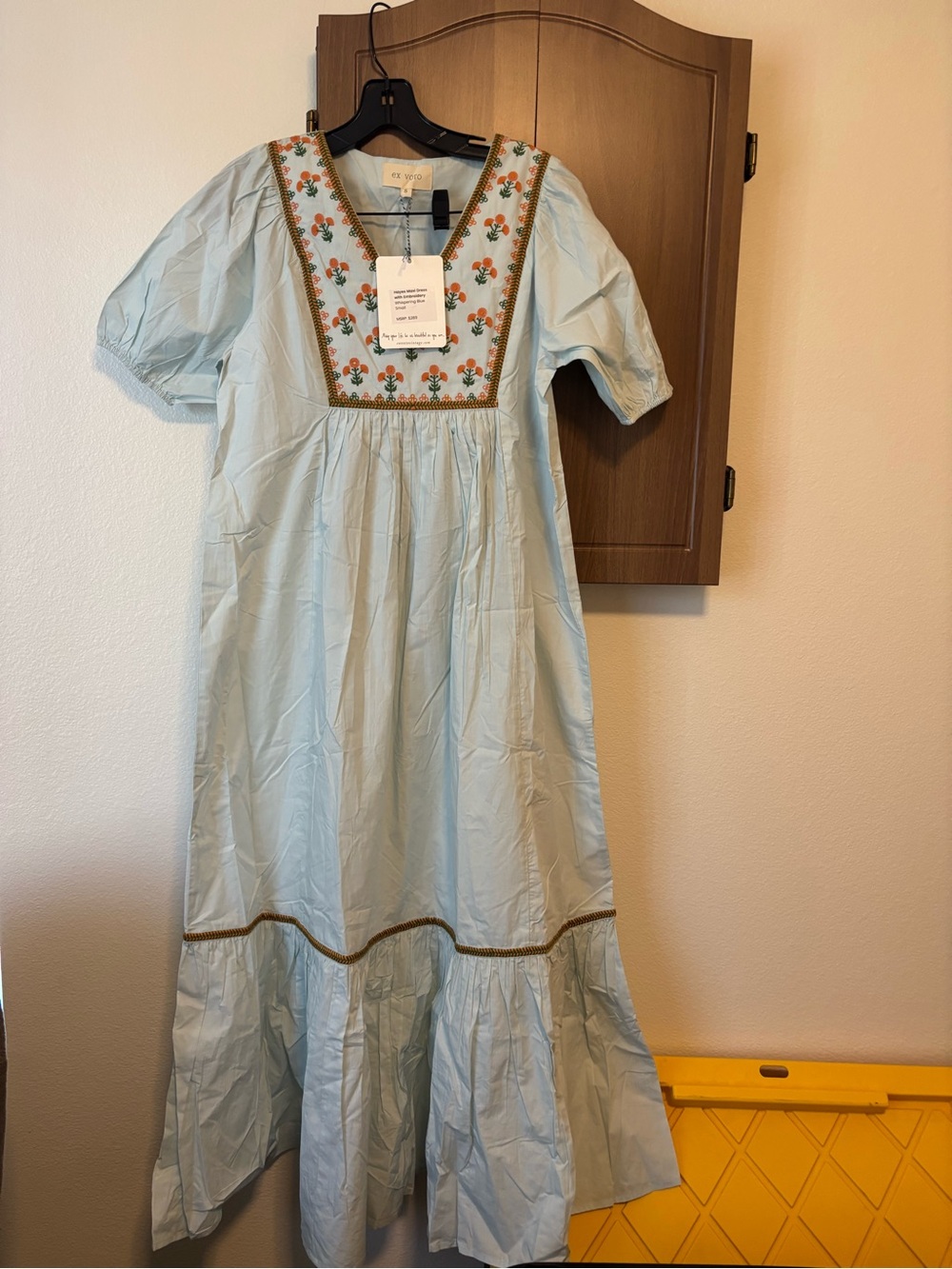Ex Voto-Light Blue Embroidered Maxi Dress with Floral Yoke